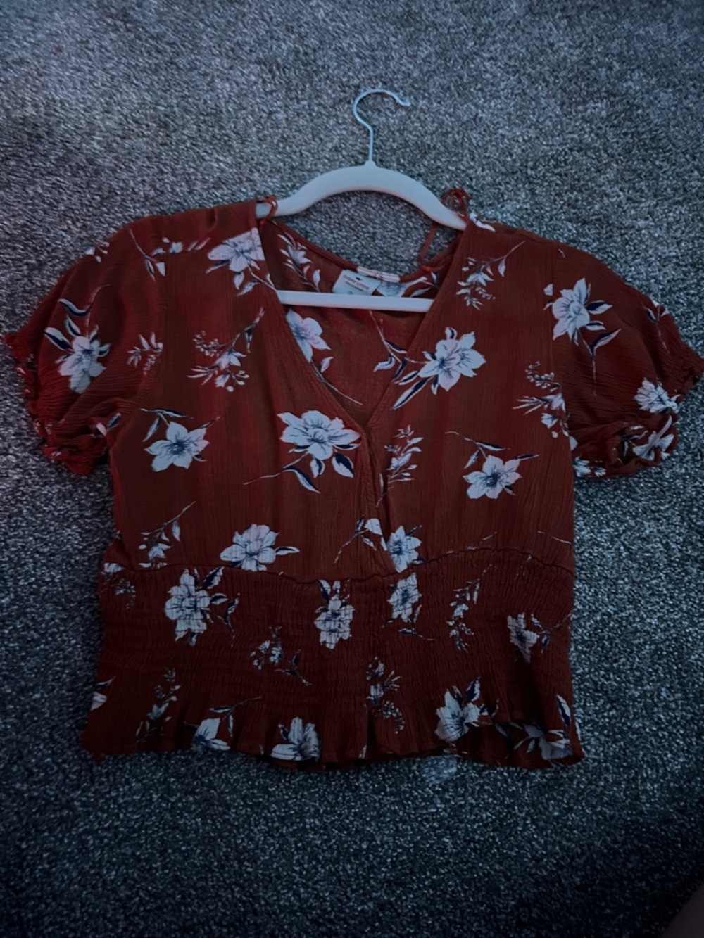 Paper Crane Rust Floral V-Neck Blouse with Smocked Waist